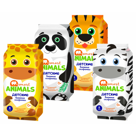 Smart animals №8*8 Влажные салфетки детские с ромашкой и витамином Е mix 72914