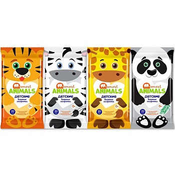 Smart animals №8 Влажные салфетки детские с ромашкой и витамином Е mix 72912