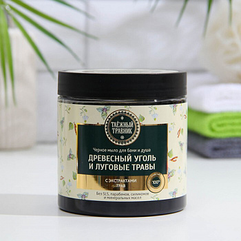 Черное мыло для бани и душа "Таежный Травник" Древесный уголь и луговые травы 500мл